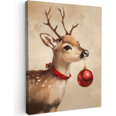 QUADRO SU TELA Natale - Cervo - Corna - Palla di Natale - Renna 60x80 cm