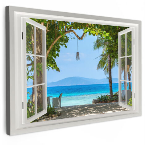 QUADRO SU TELA Vista - Albero - Mare - Palma - Colline - Spiaggia - Blu 120x80 cm