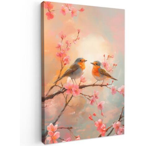 QUADRO SU TELA Pettirosso - Ornamentale - Ramo in fiore 20x30 cm (1/5)