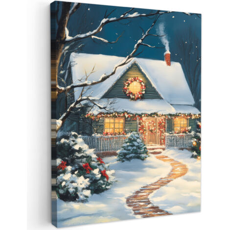 QUADRO SU TELA Natale - Albero di Natale - Inverno - Casa - Neve 60x80 cm