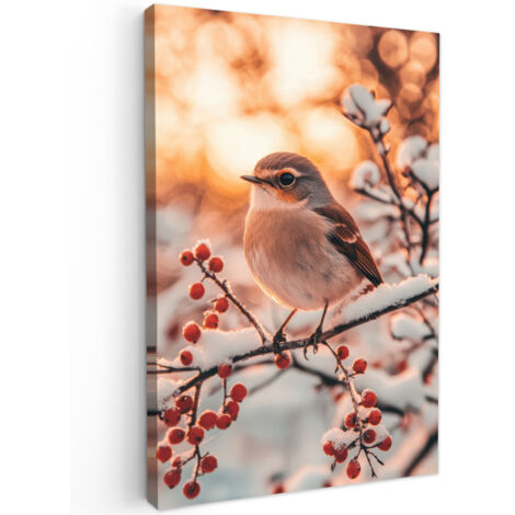 QUADRO SU TELA Uccello - Ramo - Inverno - Animali - Neve 60x90 cm
