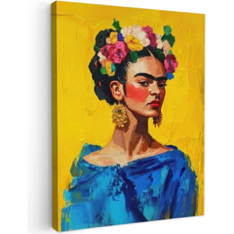 QUADRO SU TELA Frida Kahlo - Donna - Giallo - Blu - Fiori 30x40 cm