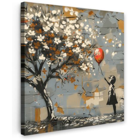 QUADRO SU TELA Albero - Graffiti - Stile Banksy - Ragazza con palloncino 90x90 cm