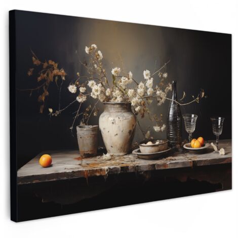 QUADRO SU TELA Natura morta - Fiori - Bouquet - Vaso - Vino 90x60 cm
