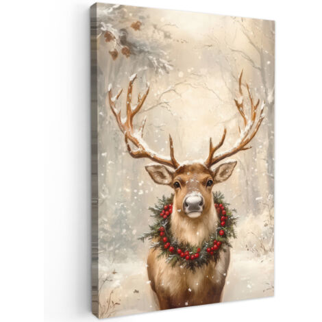 QUADRO SU TELA Natale - Renna - Inverno - Ghirlanda 60x90 cm