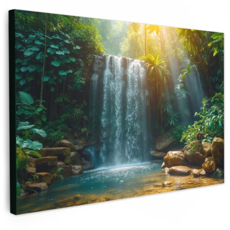 QUADRO SU TELA Cascata - Giungla - Sole - Verde - Natura 90x60 cm