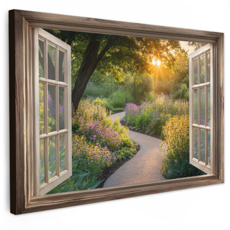 QUADRO SU TELA Vista - Fiori - Natura - Sole - Sentiero 90x60 cm