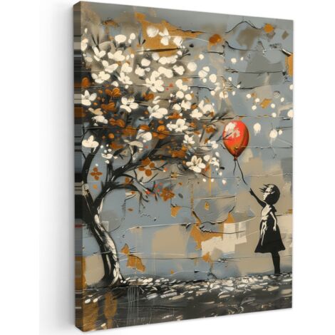 QUADRO SU TELA Albero - Graffiti - Stile Banksy - Ragazza con palloncino 60x80 cm