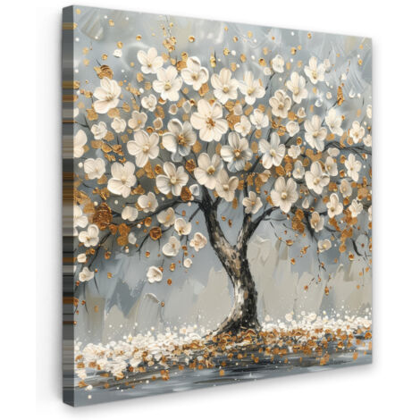 QUADRO SU TELA Albero - Fiori - Bianco - Natura - Arte 90x90 cm