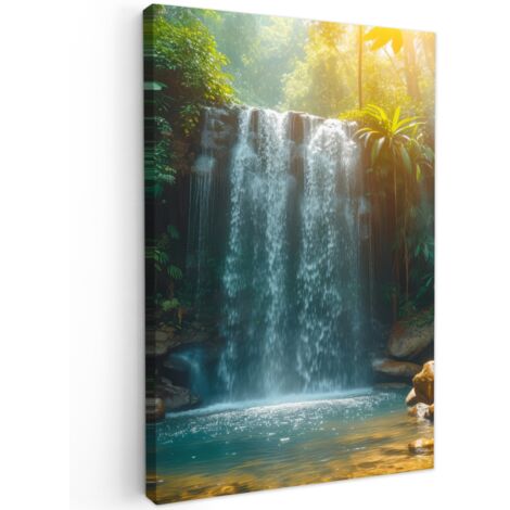 QUADRO SU TELA Cascata - Giungla - Sole - Verde - Natura 60x90 cm