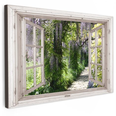 QUADRO SU TELA Pioggia blu - Fiori - Vista - Albero - Primavera 150x100 cm
