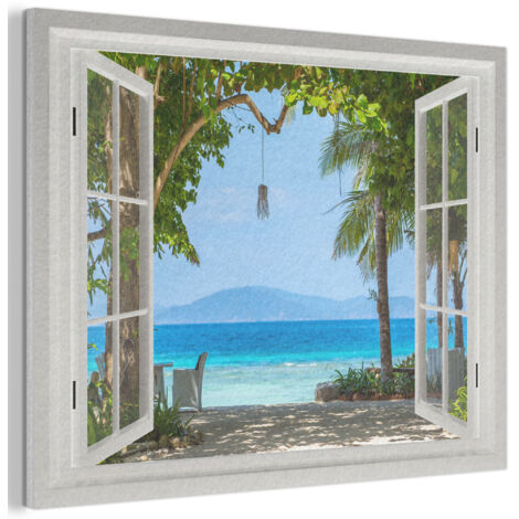 QUADRO ACUSTICO Vista - Albero - Mare - Palma - Colline - Spiaggia - Blu 100x70 cm