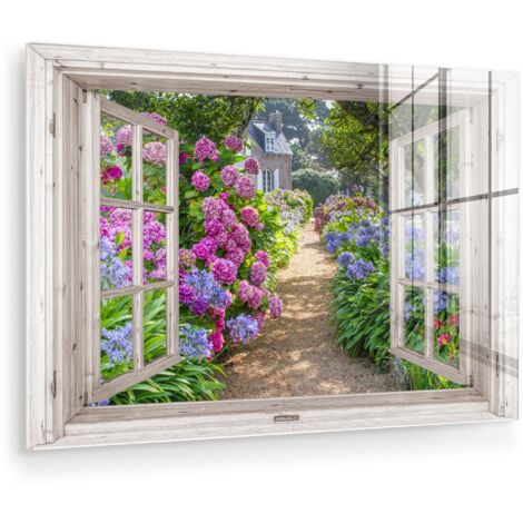 QUADRO IN PLEXIGLASS Ortensia - Trasparente - Fiori - Estate - Viola - Sentiero 60x40 cm