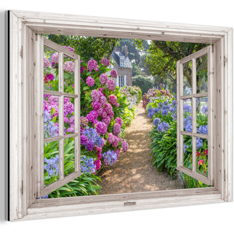 QUADRO DI METALLO Ortensia - Trasparente - Fiori - Estate - Viola - Sentiero 60x40 cm (1/5)