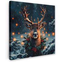 QUADRO SU TELA Cervo - Natale - Inverno - Neve - Ghirlanda natalizia 20x20 cm