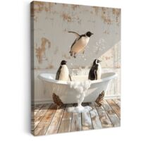 QUADRO SU TELA Vintage - Pinguino - Vasca da bagno - Schiuma 60x80 cm