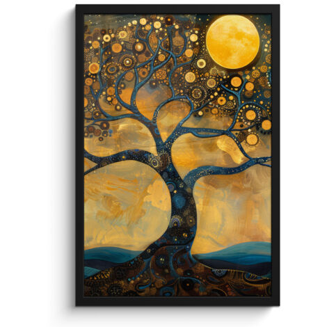 Framed Poster Tree - Moon - Flowers - Gold - Art 40x60 cm