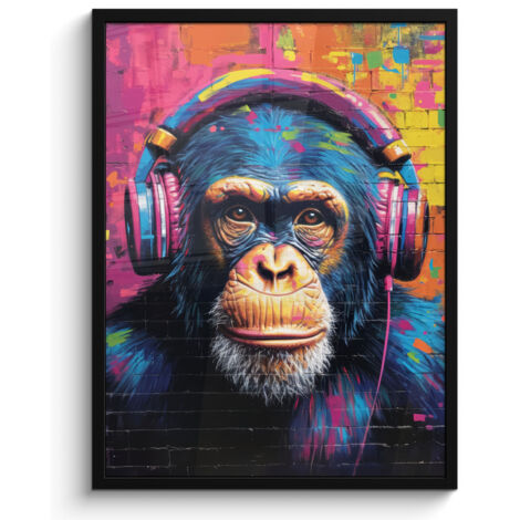 Framed Poster Graffiti - Chimpanzee - Street art - Headphones - Monkey 60x80 cm