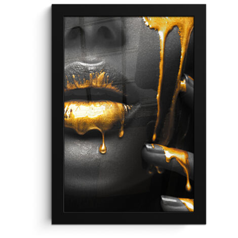 Framed Poster Woman - Black - Gold - Face - Lips 20x30 cm (1/5)