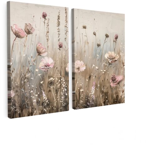 MULTI-PANEL WALL ART Set of 2 Flowers - Beige - Modern - Pink 120x90 cm