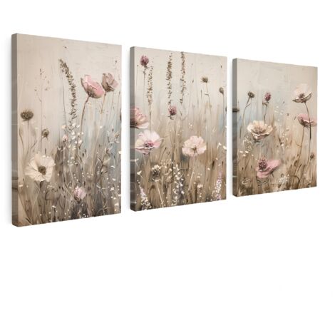 MULTI-PANEL WALL ART Trittico Set of 3 Flowers - Beige - Modern - Pink 90x40 cm