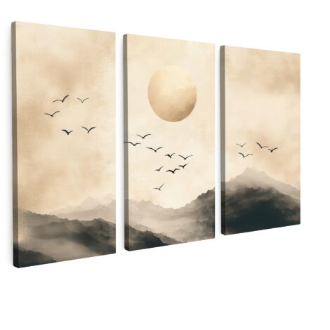 MULTI-PANEL WALL ART Trittico Set of 3 Landscape - Japandi - Beige - Birds 90x60 cm