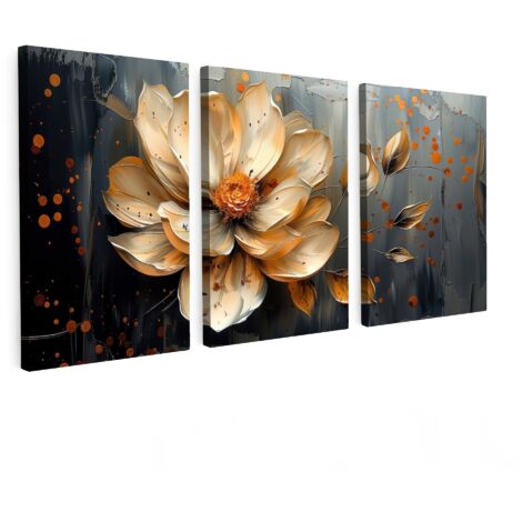 MULTI-PANEL WALL ART Trittico Set of 3 Flower - Gold - Abstract - Paint 120x60 cm