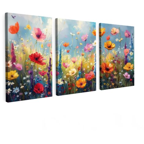 MULTI-PANEL WALL ART Trittico Set of 3 Flowers - Spring - Colorful - Summery 120x60 cm