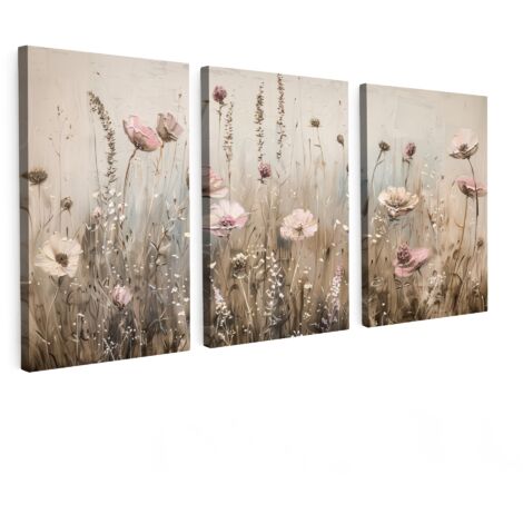 MULTI-PANEL WALL ART Trittico Set of 3 Flowers - Beige - Modern - Pink 120x60 cm