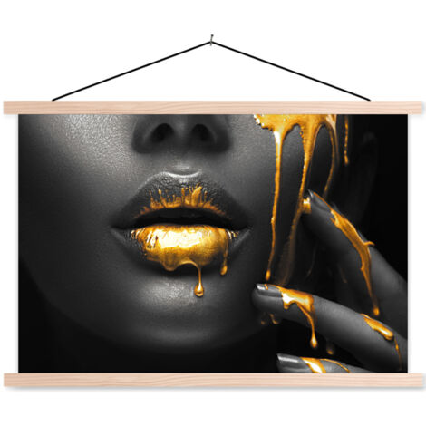 TEXTILE WALL ART Woman - Black - Gold - Face - Lips 120x80 cm
