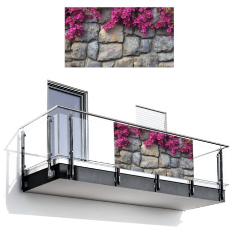 Balcony Privacy Banner Bougainvillea - Stone Wall - Pink 200x110 cm