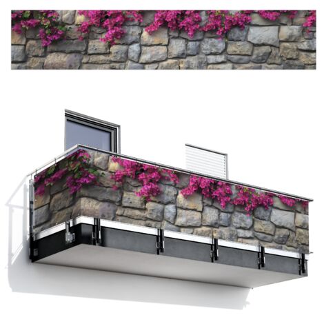 Balcony Privacy Banner Bougainvillea - Stone Wall - Pink 500x95 cm