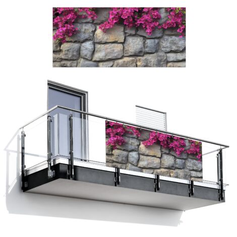 Balcony Privacy Banner Bougainvillea - Stone Wall - Pink 200x90 cm