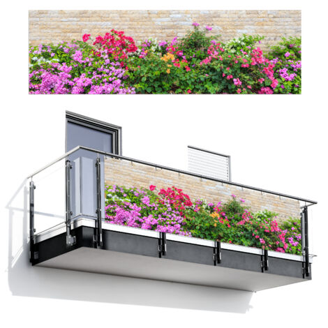 Balcony Privacy Banner Flowers - Plants - Leaves - Stones 300x95 cm