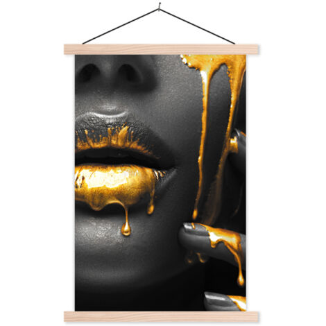TEXTILE WALL ART Woman - Black - Gold - Face - Lips 40x60 cm (1/3)