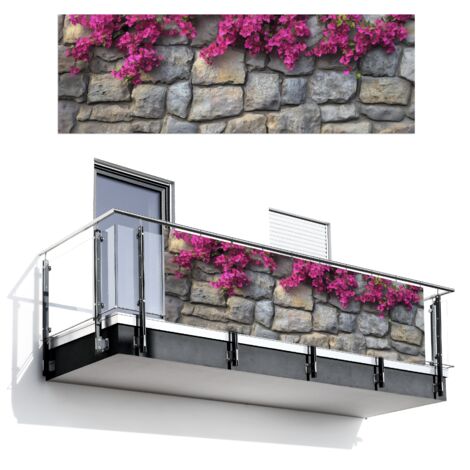 Balcony Privacy Banner Bougainvillea - Stone Wall - Pink 300x100 cm