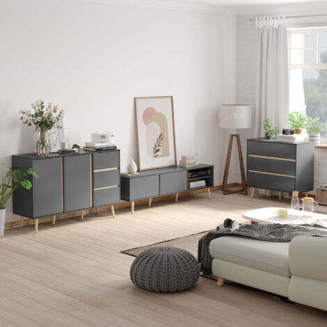 Meuble TV pour télévision jusqu'à 55 pouces scandinave 2 portes 2 niches avec passe-câbles 150 x 35 x 45 cm gris foncé (1/5)