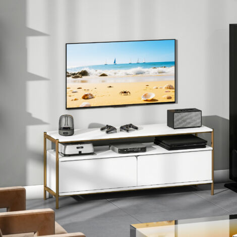 Meuble TV meuble télé pour téléviseur jusqu'à 55 pouces avec 2 portes rabattables et étagère ouverte, 124x35x50cm, blanc (1/5)