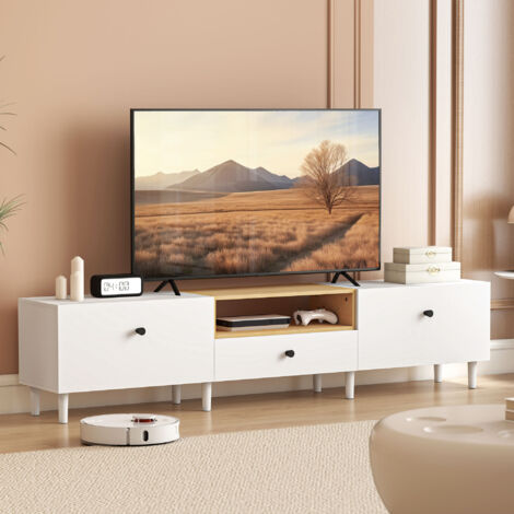 Meuble TV, meuble télé pour téléviseur jusqu'à 90 pouces avec 2 portes rabattables, tiroir, 200 x 35 x 45 cm, blanc (1/5)