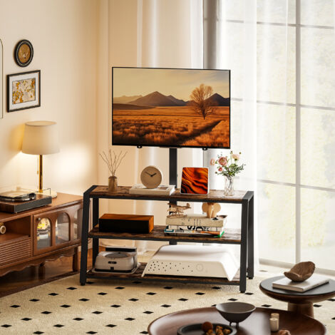 Meuble TV avec support pour téléviseurs de 32-70 pouces, étagères ouvertes, angle ajustable 35°, 108x41x135cm, marron (1/5)
