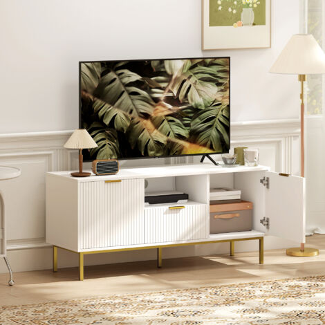 Meuble TV, meuble télé pour 50 pouces avec 2 portes à fermeture douce, tiroir et compartiment ouvert, 120x39x54cm, blanc (1/5)