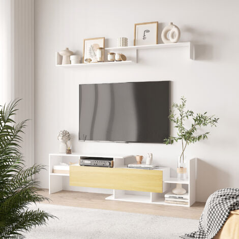 Ensemble meuble TV avec banc et étagère murale style contemporain 153,6L cm - blanc et bois naturel (1/5)