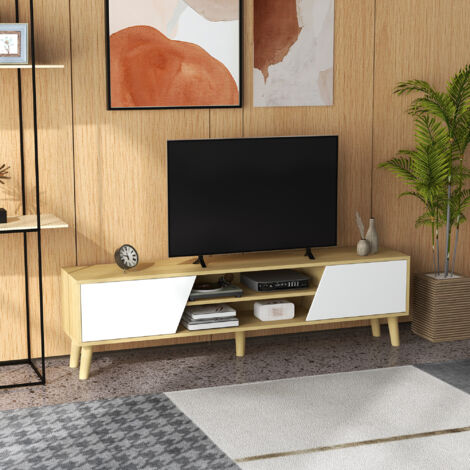 Meuble TV pour télévision jusqu'à 65 pouces design scandinave 2 portes 2 niches avec passe-câbles 150 x 30 x 42 cm (1/5)