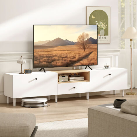 Meuble TV de 200 cm pour téléviseurs jusqu'à 90 pouces, 2 compartiments à abattants, 1 compartiment ouvert, 1 tiroir, 8 pieds, panneaux de particules, blanc (1/5)