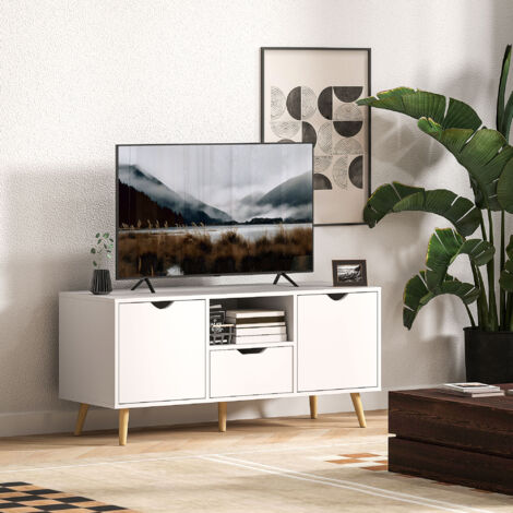 Meuble TV jusqu'à 50 pouces avec tiroir, étagère ouverte et placards, 110 x 40 x 50 cm, blanc et bois (1/5)