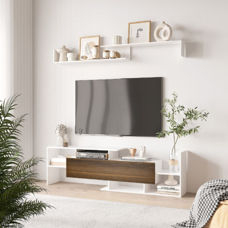 Meuble TV avec étagère murale, étagères ouvertes et placard fermé, en panneaux de particules blancs et bruns (1/5)