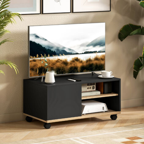 Meuble TV à roulettes, meuble de salon, table pour téléviseurs 42 pouces avec porte et 2 étagères, 80 x 45 x 41 cm, noir (1/5)