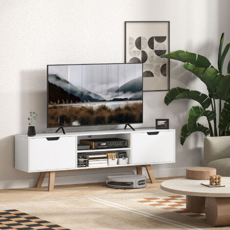 Meuble TV avec tiroirs et étagères ouvertes, MDF, 150 x 39 x 50 cm, blanc (1/5)