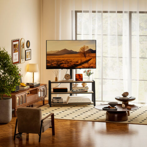 Meuble TV avec support pour téléviseurs de 32-70 pouces, étagères ouvertes, angle ajustable 35°, 108x41x135cm, effet bois naturel (1/5)