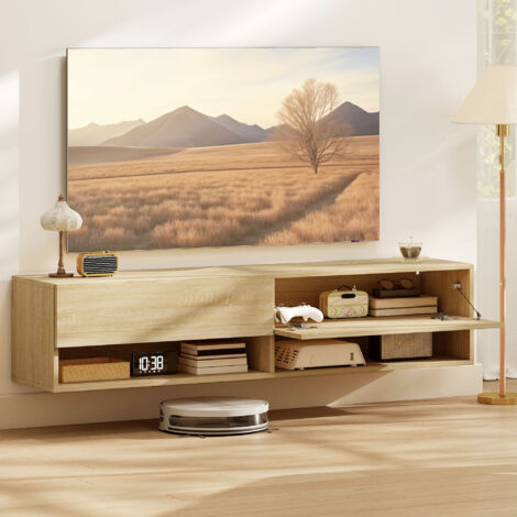 Meuble TV mural avec 2 tiroirs abattants et 2 étagères ouvertes pour téléviseurs 60 pouces, 140 x 32 x 31 cm, bois naturel (1/5)